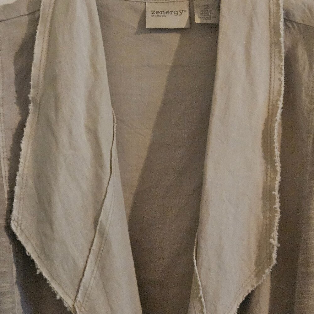 Zenergy Chico's Oatmeal stretch Minamalist Beige 3/4 Sleeve cotton crop Jacket L - Picture 6 of 7